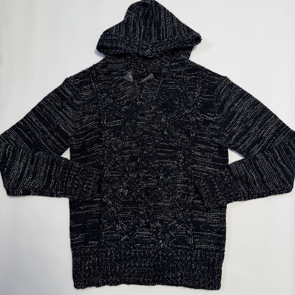 Projek Raw Sweater Mens Large Black Gray Hooded Toggle Cable Knit Pullover Warm